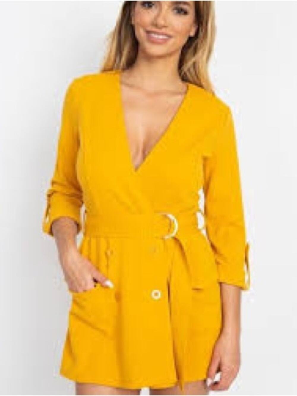 NWT Haute Monde Yellow Wrap Romper with D-Ring Belt
